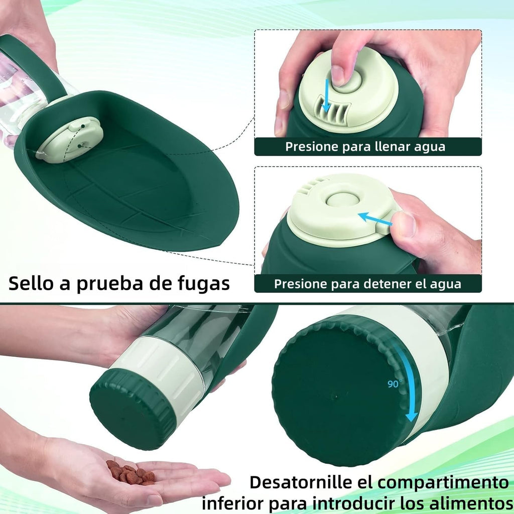Botella de Agua para Perros 3 en 1, Dispensador de Agua portátil de 355 ml para Perros con Vaso y Recipiente Hermético para Comida, Ideal para Actividades al Aire Libre, Viajes y Senderismo