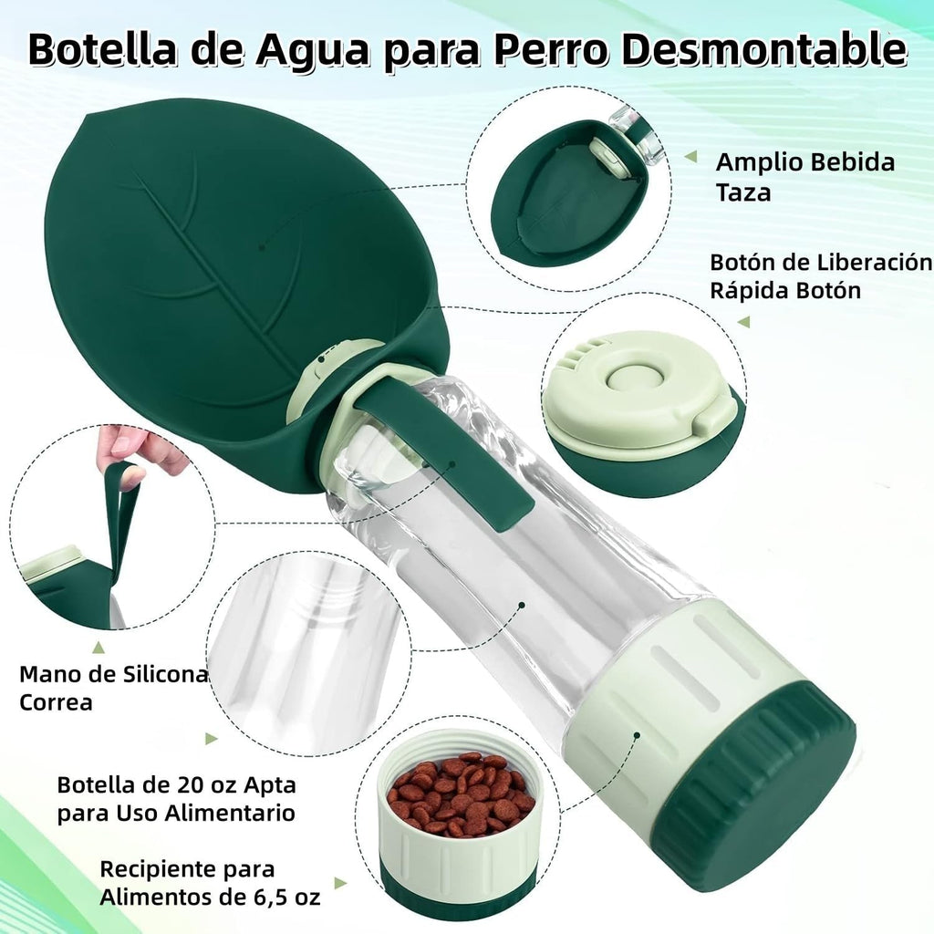 Botella de Agua para Perros 3 en 1, Dispensador de Agua portátil de 355 ml para Perros con Vaso y Recipiente Hermético para Comida, Ideal para Actividades al Aire Libre, Viajes y Senderismo