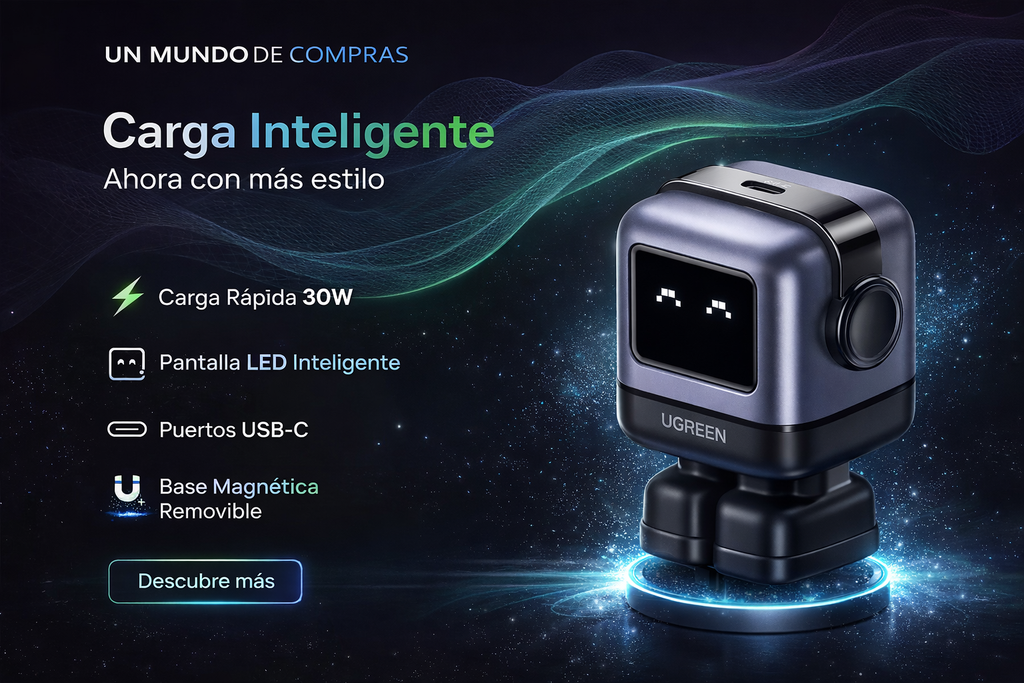 El cargador UGREEN Uno 30W con pantalla LED que ajusta la energía automáticamente para una carga rápida, segura y moderna