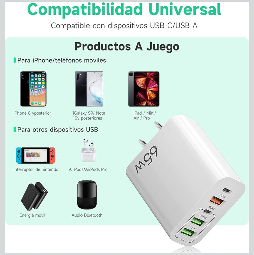 Cargador Tipo C con Cable 1.5m, 65W Cargador USB C PD20w+PD15w 5 en 2 Carga Rapida, marca Eynshoo