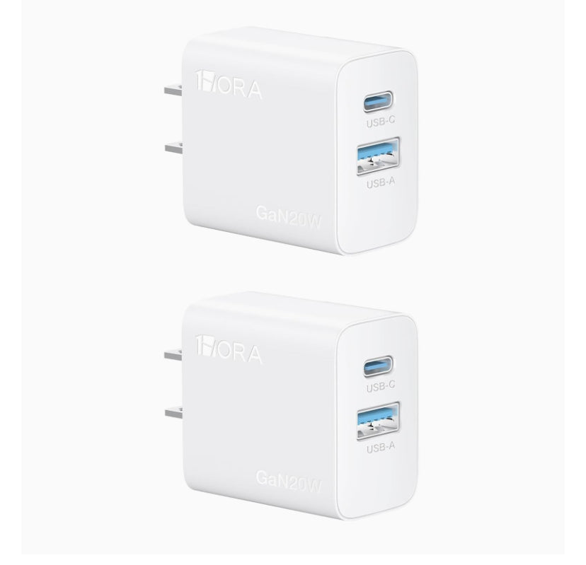 1 Hora 2 Pack GAN Cargador Tipo C con 2 Puertos Carga Rápida - USB C PD 20W + USB A QC 18W