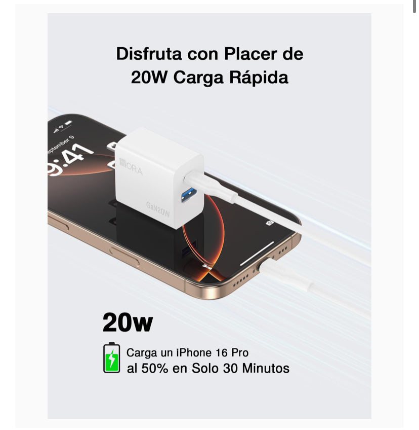 1 Hora 2 Pack GAN Cargador Tipo C con 2 Puertos Carga Rápida - USB C PD 20W + USB A QC 18W