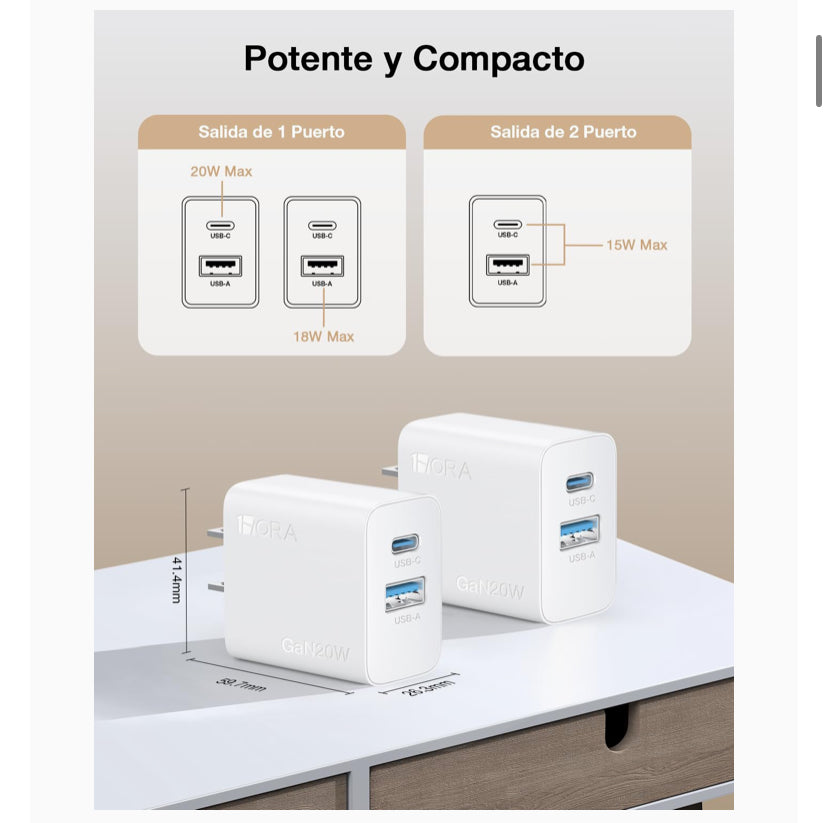 1 Hora 2 Pack GAN Cargador Tipo C con 2 Puertos Carga Rápida - USB C PD 20W + USB A QC 18W