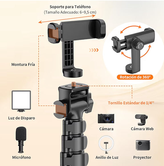 El trípode extensible de 170 cm para celular, ideal para vlogs, fotos familiares, transmisiones en vivo y viajes.
