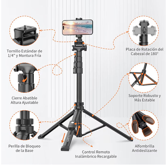 El trípode extensible de 170 cm para celular, ideal para vlogs, fotos familiares, transmisiones en vivo y viajes.