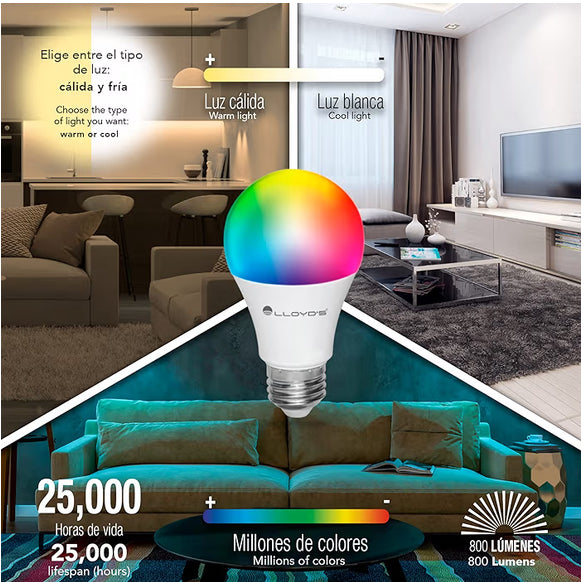 Foco Inteligente WiFi, Multicolor + Luz Blanca Fría y Cálida (RGB + Rango de Luz Blanca 2700K a 6500K, 800 Lumens en Luces Blancas)