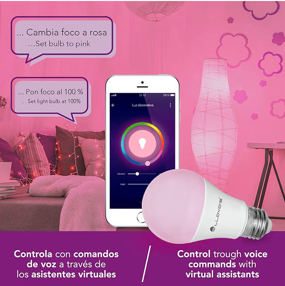 Foco Inteligente WiFi, Multicolor + Luz Blanca Fría y Cálida (RGB + Rango de Luz Blanca 2700K a 6500K, 800 Lumens en Luces Blancas)