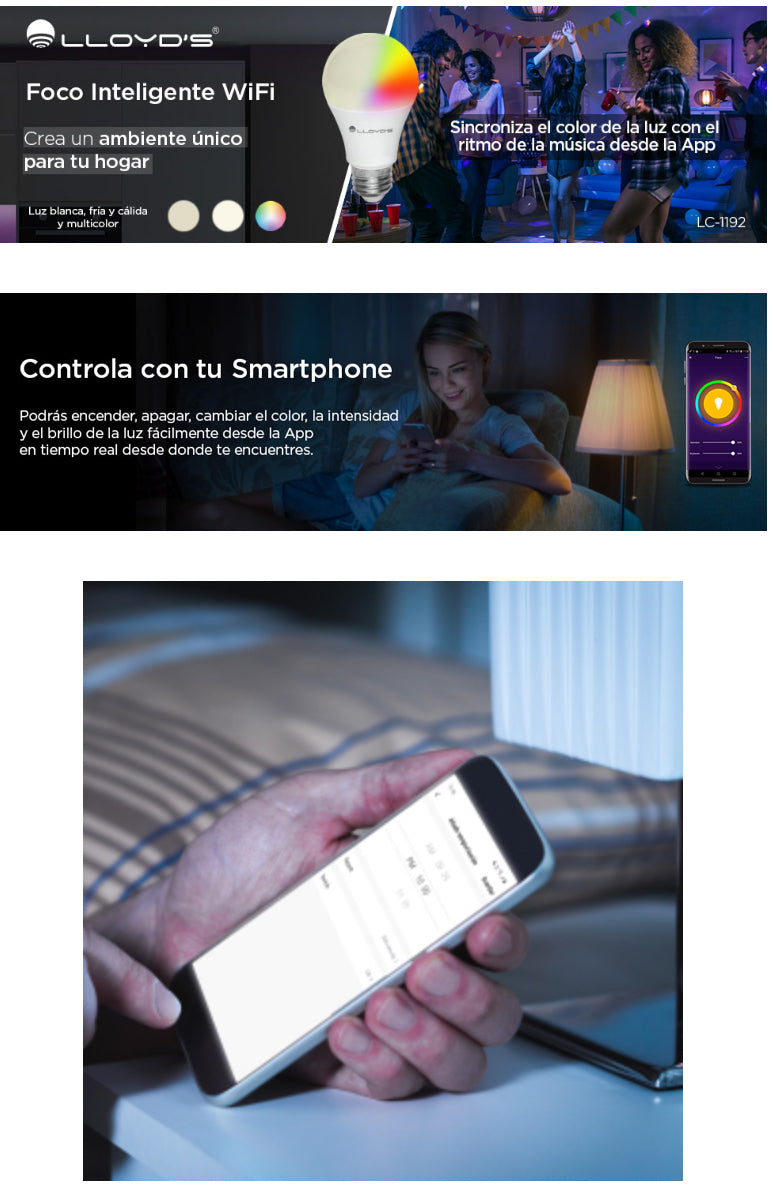 Foco Inteligente WiFi, Multicolor + Luz Blanca Fría y Cálida (RGB + Rango de Luz Blanca 2700K a 6500K, 800 Lumens en Luces Blancas)