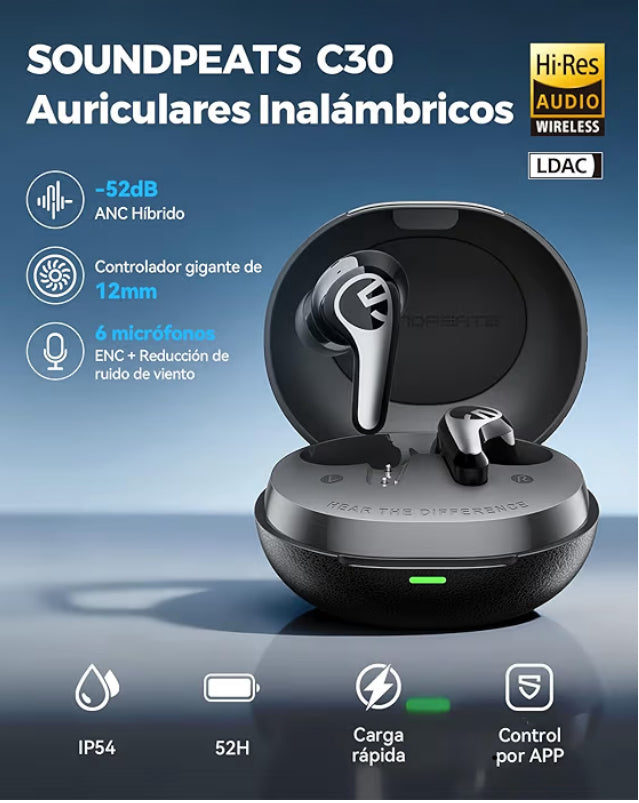 SoundPEATS C30 Audífonos Inalámbricos Cancelación de Ruido Activa Híbrida -52 dB Hi-Res LDAC, 12mm Altavoz Estéreo