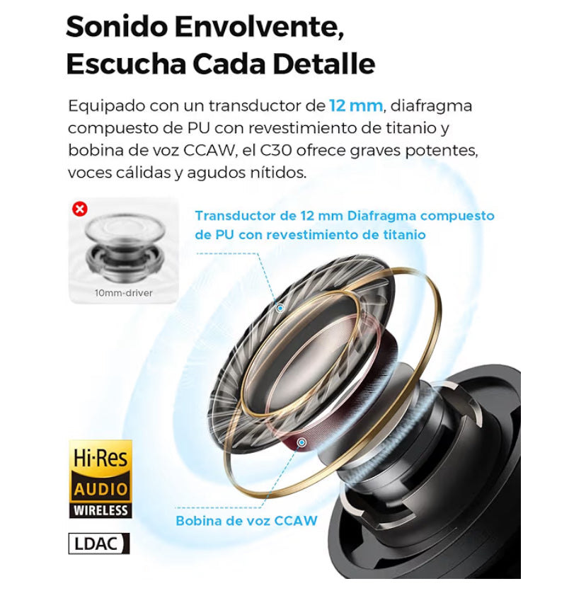 SoundPEATS C30 Audífonos Inalámbricos Cancelación de Ruido Activa Híbrida -52 dB Hi-Res LDAC, 12mm Altavoz Estéreo