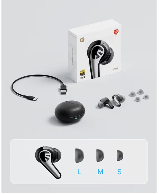 SoundPEATS C30 Audífonos Inalámbricos Cancelación de Ruido Activa Híbrida -52 dB Hi-Res LDAC, 12mm Altavoz Estéreo