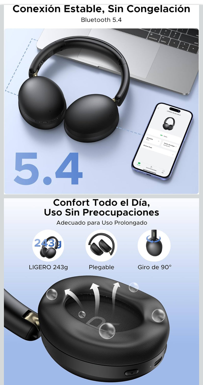 UGREEN Audífonos Inalámbricos Diadema con Micrófono, Auriculares Bluetooth 5.4 40mm Controladores, Audífonos Gamer 243g