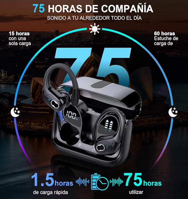 Audífonos Inalámbricos Deportivos, 75H Auriculares Bluetooth 5.3 HiFi Estéreo con HD Micrófono