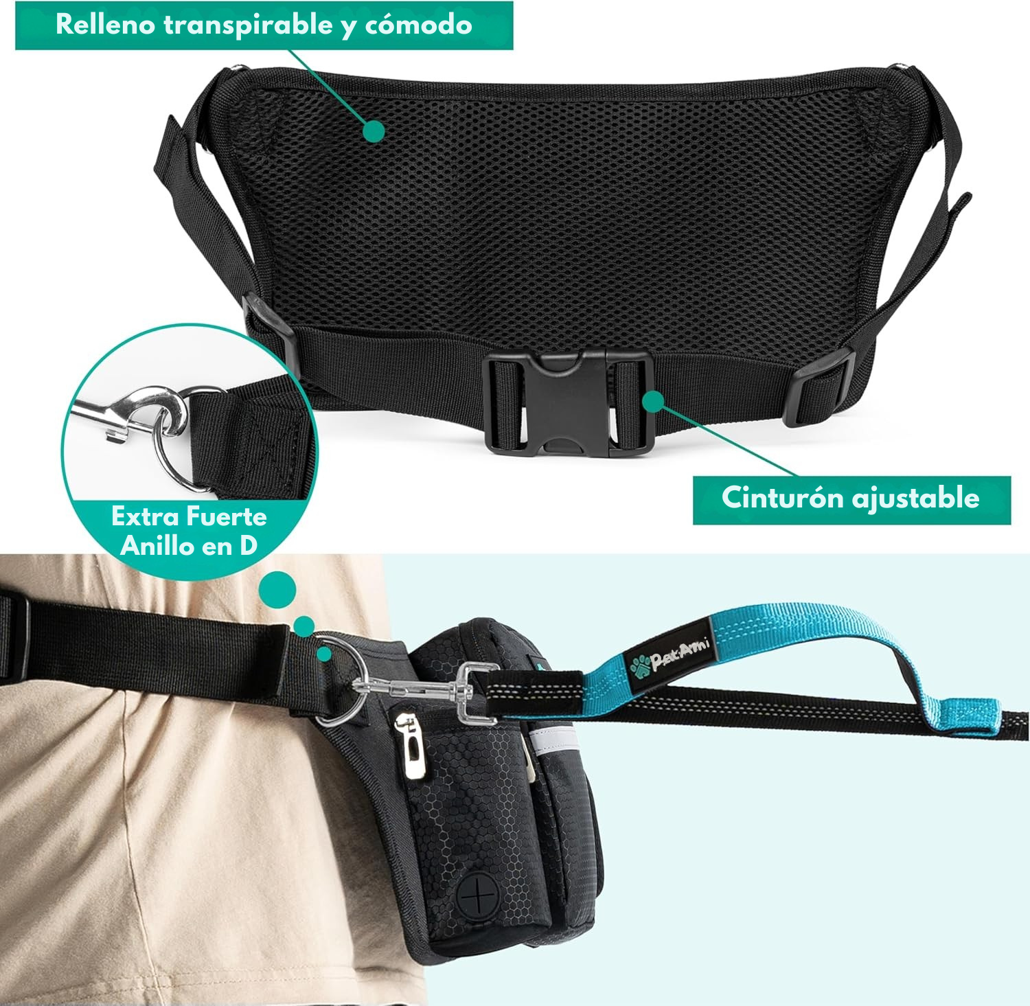 PetAmi - Correa Manos Libres para 2 Perros — Ajustable con Riñonera y Bolsa de Accesorios