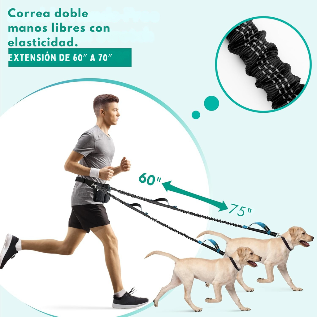 PetAmi - Correa Manos Libres para 2 Perros — Ajustable con Riñonera y Bolsa de Accesorios