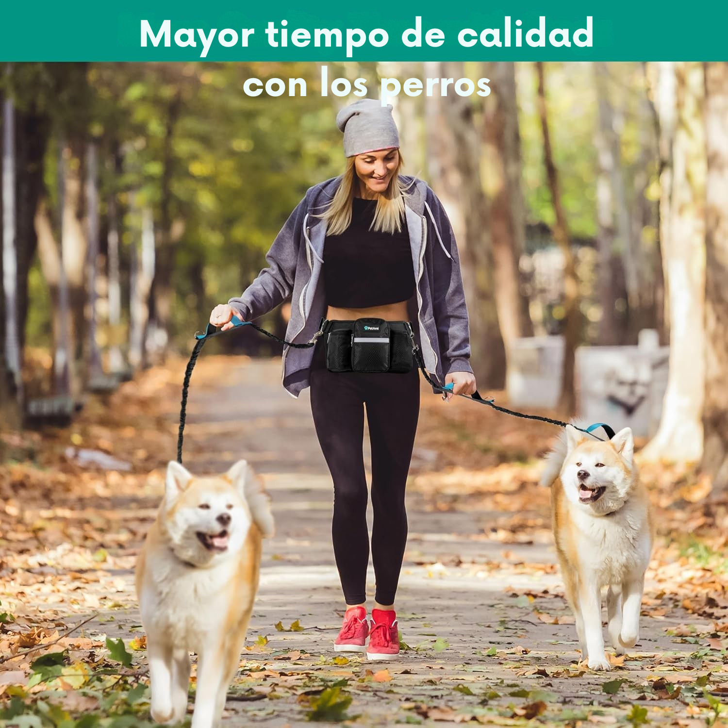 PetAmi - Correa Manos Libres para 2 Perros — Ajustable con Riñonera y Bolsa de Accesorios